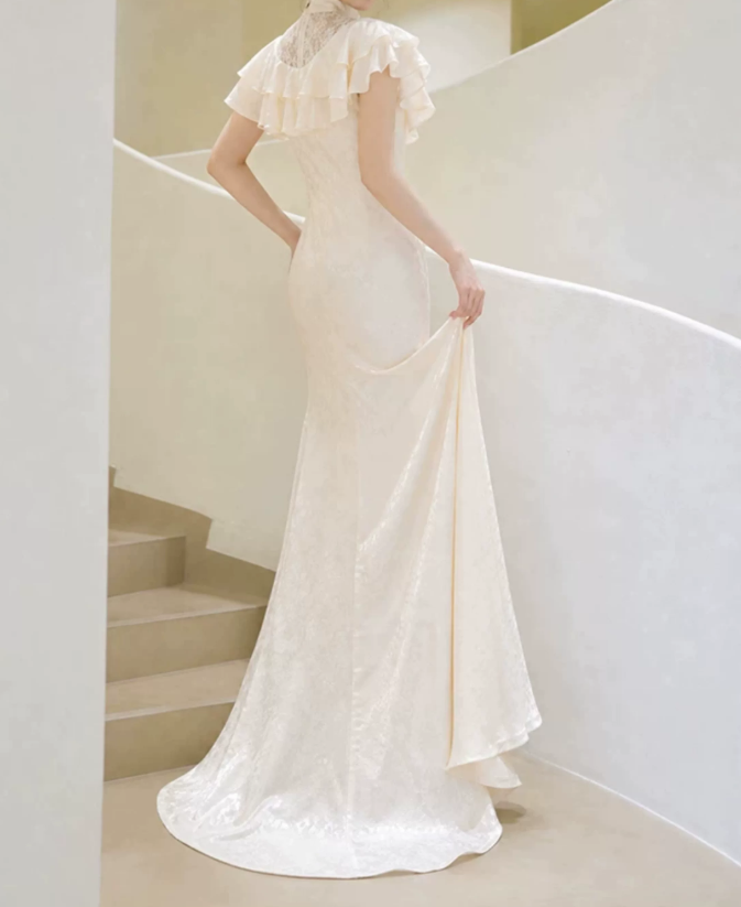 Romantic High Collar Ruffles Wedding Dresses Lace Jacquard Mermaid Bridal Dress C9740