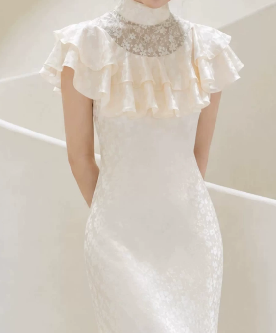 Romantic High Collar Ruffles Wedding Dresses Lace Jacquard Mermaid Bridal Dress C9740