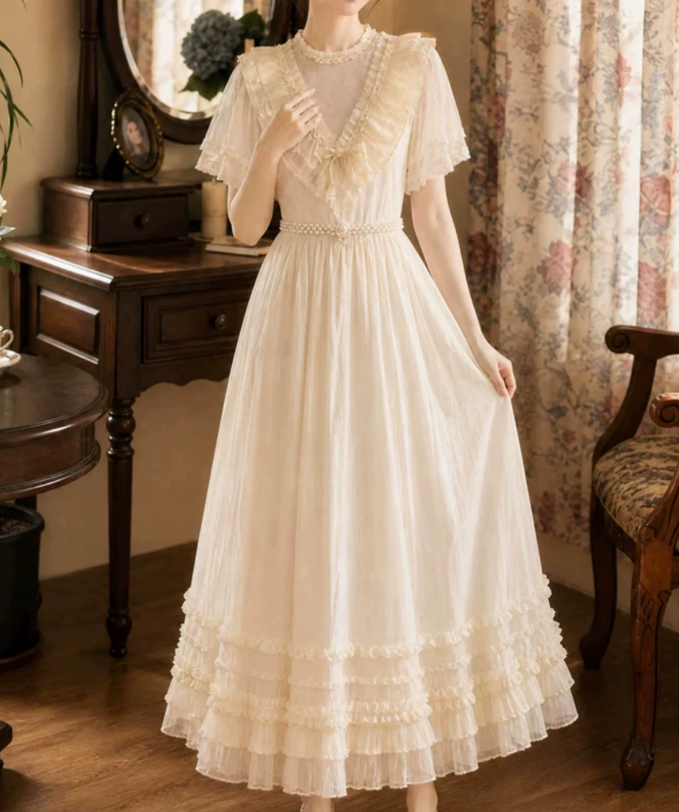 Lovely Short Sleeve Ivory Prom Dress Ruffles A-Line Evening Dress C9744
