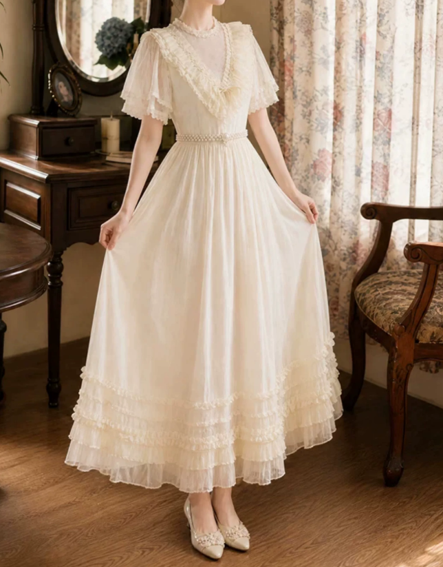 Lovely Short Sleeve Ivory Prom Dress Ruffles A-Line Evening Dress C9744