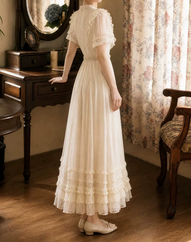 Lovely Short Sleeve Ivory Prom Dress Ruffles A-Line Evening Dress C9744
