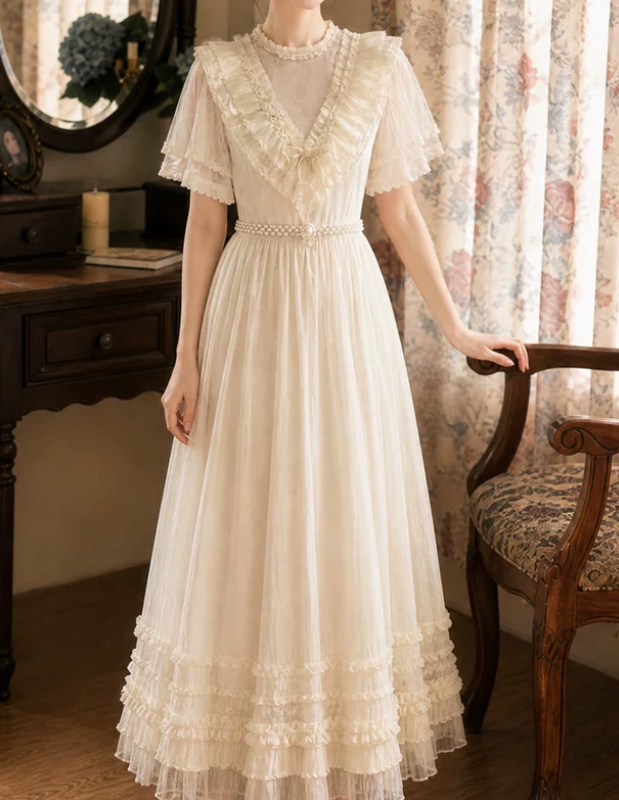 Lovely Short Sleeve Ivory Prom Dress Ruffles A-Line Evening Dress C9744