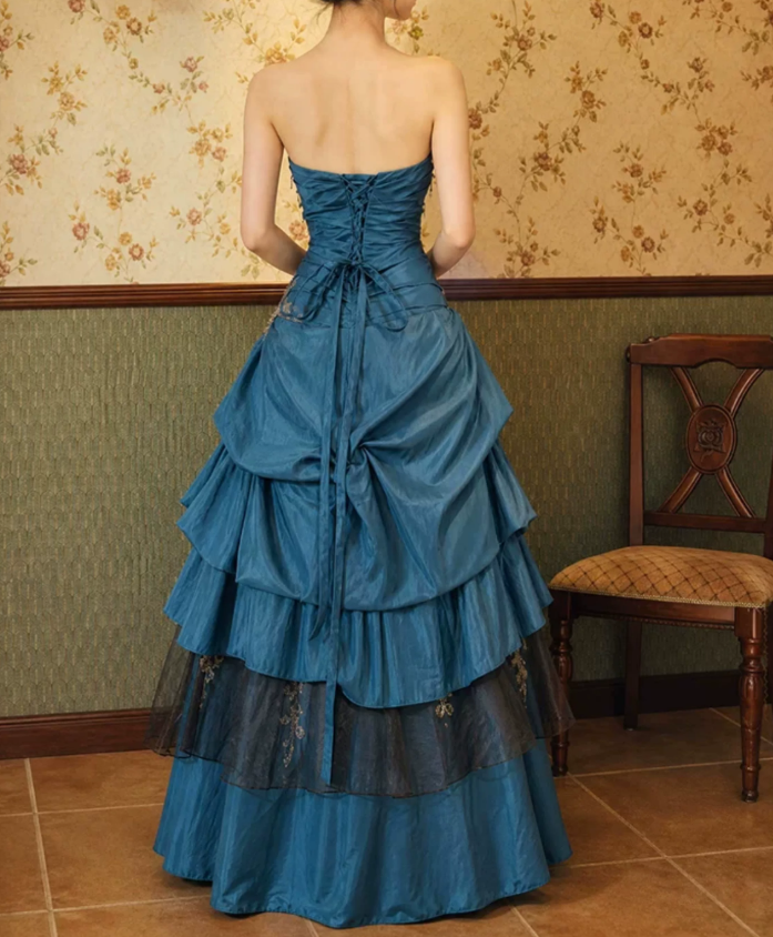 Vintage Sweetheart Blue Prom Dress Appliques Sequins Tiered A-Line Evening Dress C9745