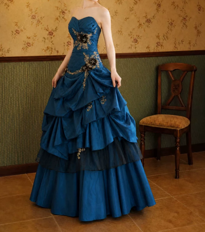 Vintage Sweetheart Blue Prom Dress Appliques Sequins Tiered A-Line Evening Dress C9745