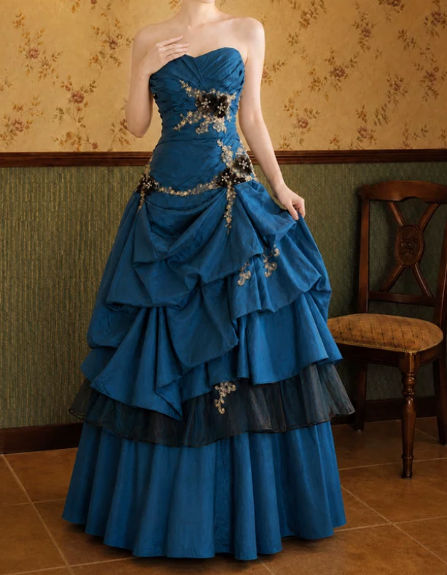 Vintage Sweetheart Blue Prom Dress Appliques Sequins Tiered A-Line Evening Dress C9745