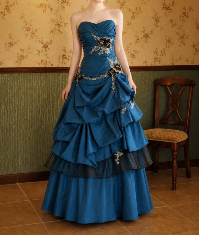 Vintage Sweetheart Blue Prom Dress Appliques Sequins Tiered A-Line Evening Dress C9745