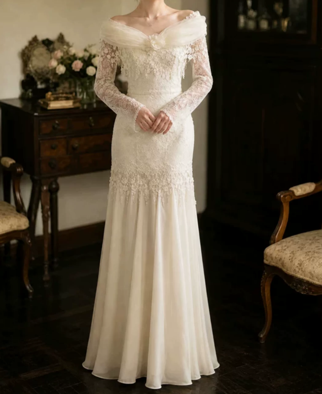 Superbe robe de mariée sirène bustier en satin et tulle, longue et en dentelle, C4563
