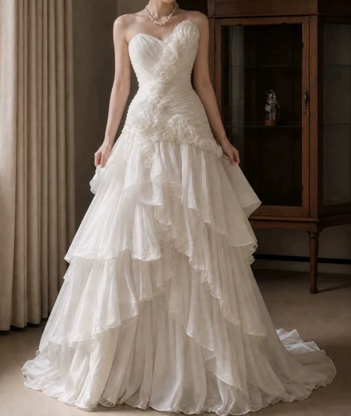 Superbe robe de mariée sirène bustier en satin et tulle, longue et en dentelle, C4563