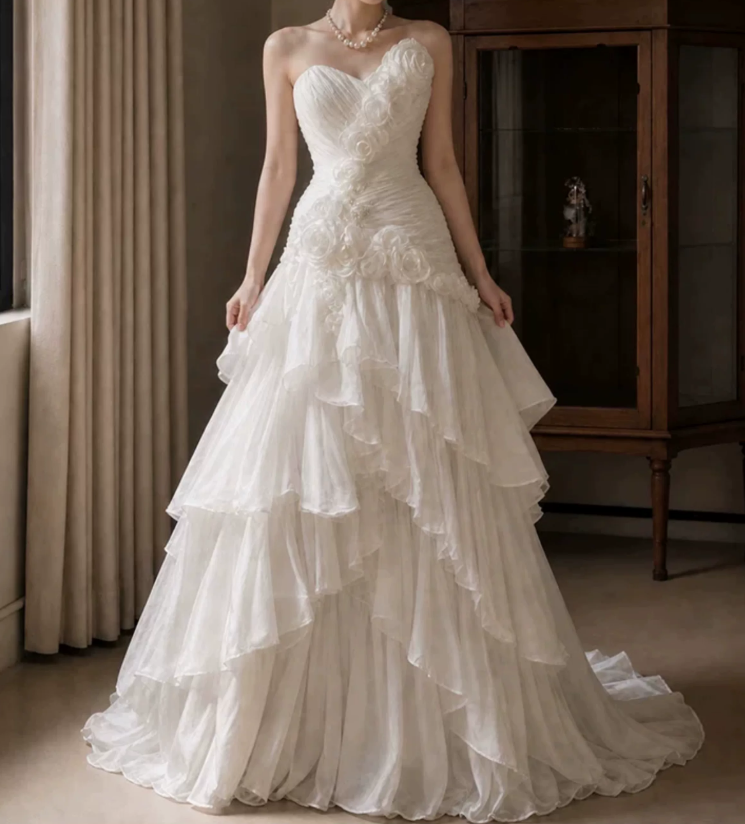 Superbe robe de mariée sirène bustier en satin et tulle, longue et en dentelle, C4563