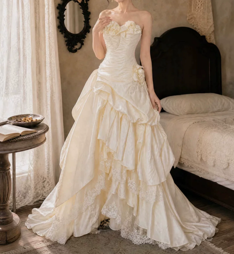 Romantic Sweetheart Appliques Wedding Dresses Lace Tiered A-Line Bridal Dress C9748