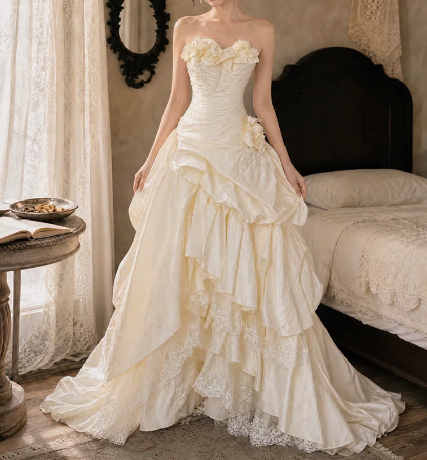 Romantic Sweetheart Appliques Wedding Dresses Lace Tiered A-Line Bridal Dress C9748
