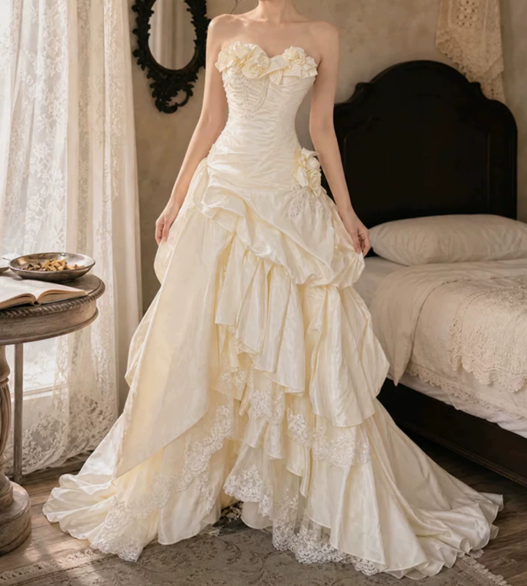 Romantic Sweetheart Appliques Wedding Dresses Lace Tiered A-Line Bridal Dress C9748