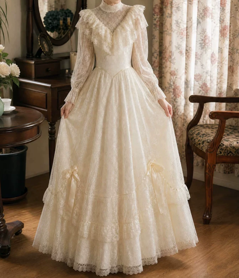 Chic Long Sleeve Ivory Prom Dress Lace Tiered A-Line Evening Dress C9750