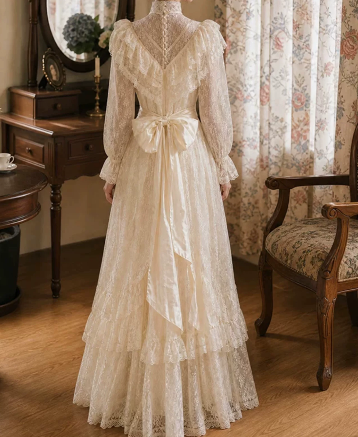 Chic Long Sleeve Ivory Prom Dress Lace Tiered A-Line Evening Dress C9750