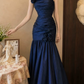 Charming One Shoulder Blue Prom Dress Flowers Satin Mermaid Evening Dress C9752