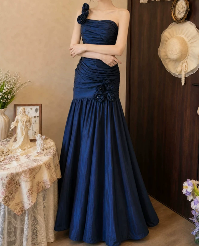 Charming One Shoulder Blue Prom Dress Flowers Satin Mermaid Evening Dress C9752