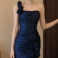 Charming One Shoulder Blue Prom Dress Flowers Satin Mermaid Evening Dress C9752
