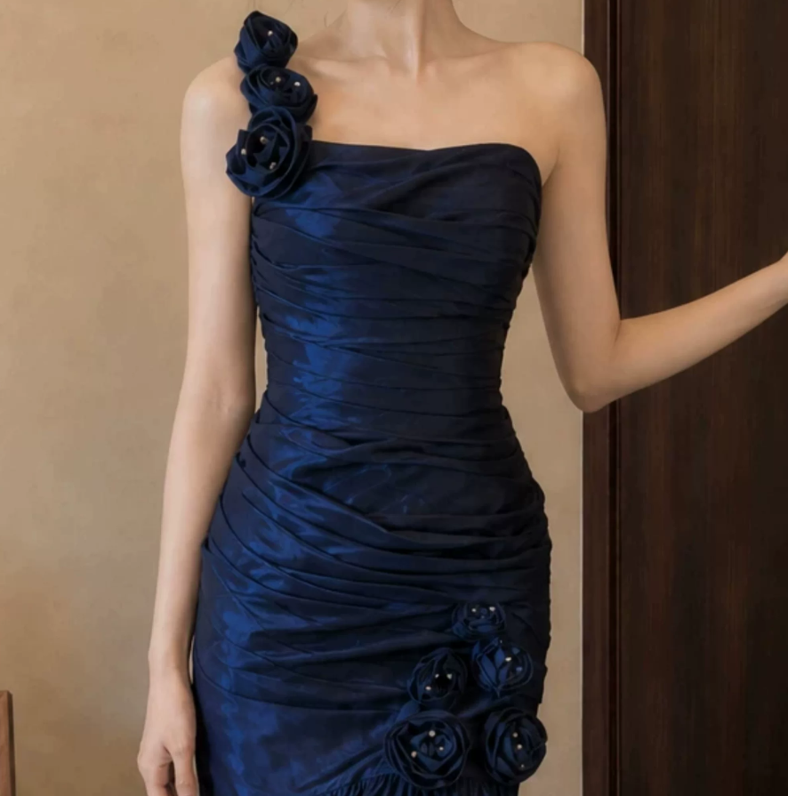 Charming One Shoulder Blue Prom Dress Flowers Satin Mermaid Evening Dress C9752