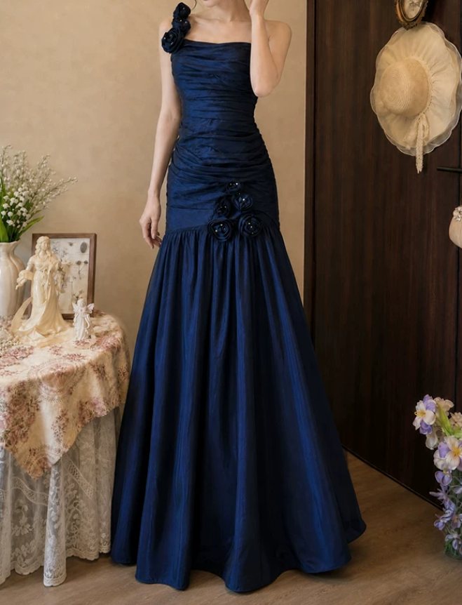 Charming One Shoulder Blue Prom Dress Flowers Satin Mermaid Evening Dress C9752
