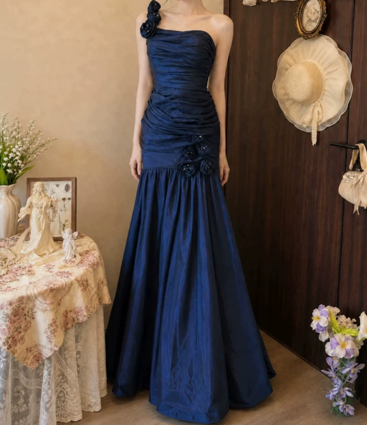 Charming One Shoulder Blue Prom Dress Flowers Satin Mermaid Evening Dress C9752