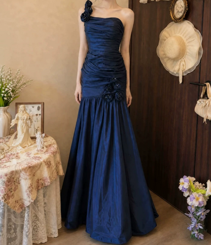 Charming One Shoulder Blue Prom Dress Flowers Satin Mermaid Evening Dress C9752