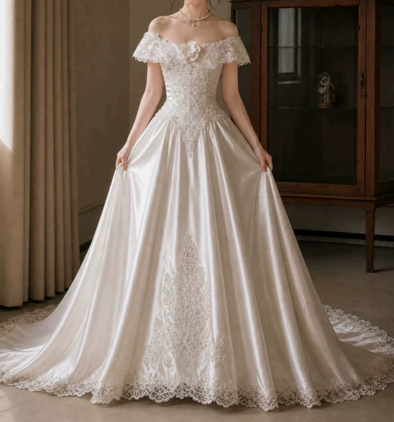 Lovely Off-Shoulder Wedding Dresses Appliques Sequins A-Line Bridal Dress C9757