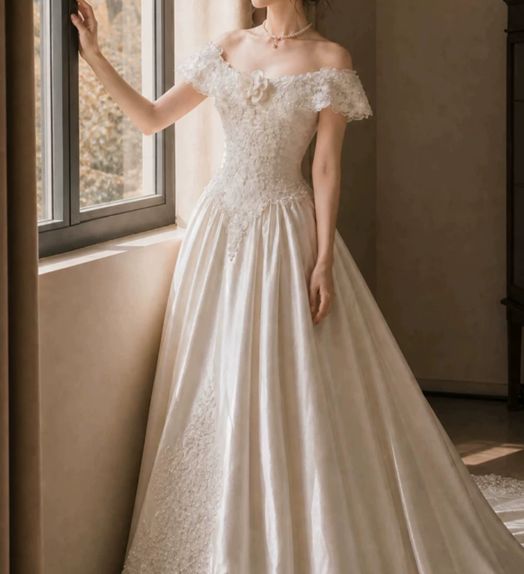 Lovely Off-Shoulder Wedding Dresses Appliques Sequins A-Line Bridal Dress C9757