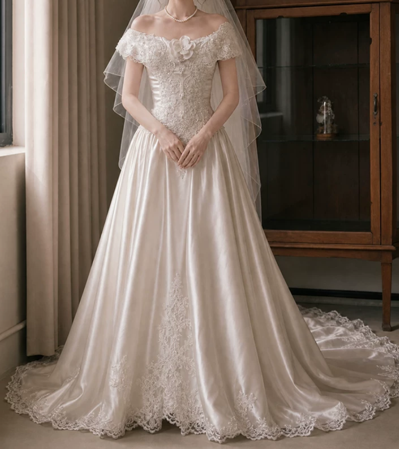 Lovely Off-Shoulder Wedding Dresses Appliques Sequins A-Line Bridal Dress C9757
