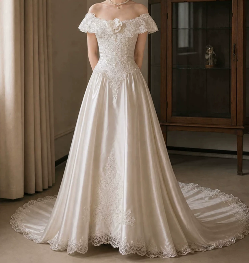 Lovely Off-Shoulder Wedding Dresses Appliques Sequins A-Line Bridal Dress C9757