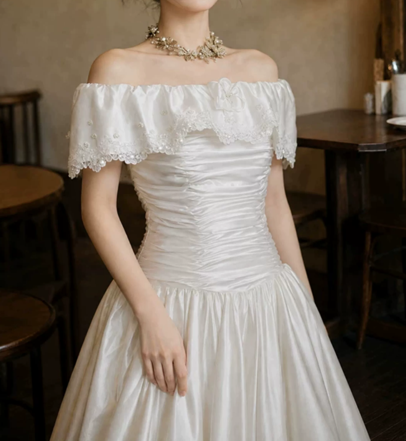 Glam Off-Shoulder Wedding Dresses Satin Appliques A-Line Bridal Dress C9758