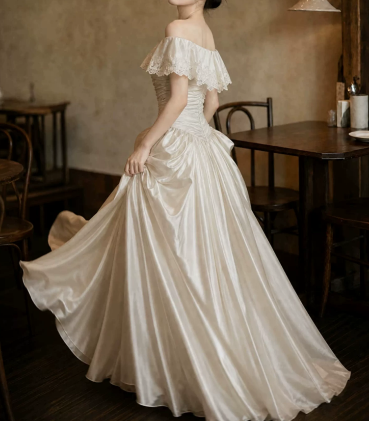 Glam Off-Shoulder Wedding Dresses Satin Appliques A-Line Bridal Dress C9758