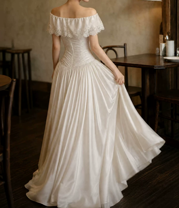 Glam Off-Shoulder Wedding Dresses Satin Appliques A-Line Bridal Dress C9758