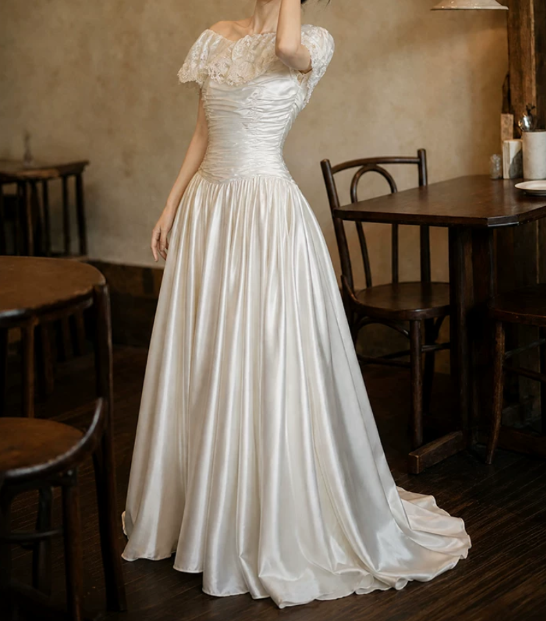 Glam Off-Shoulder Wedding Dresses Satin Appliques A-Line Bridal Dress C9758