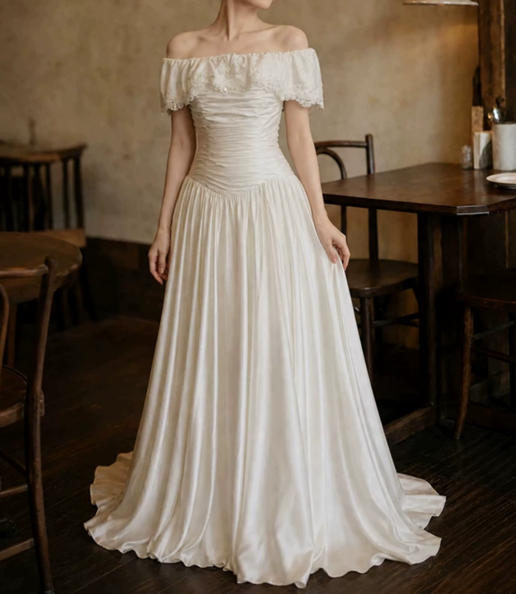 Glam Off-Shoulder Wedding Dresses Satin Appliques A-Line Bridal Dress C9758