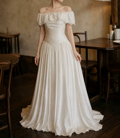 Glam Off-Shoulder Wedding Dresses Satin Appliques A-Line Bridal Dress C9758