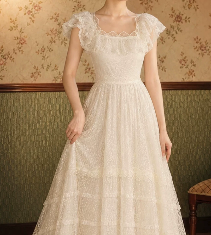 Romantic Square Neck Ivory Prom Dress Lace Ruffles A-Line Evening Dress C9759
