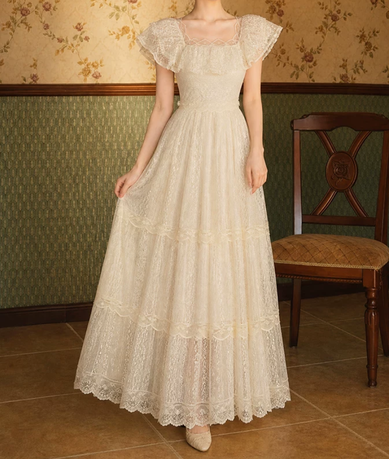Romantic Square Neck Ivory Prom Dress Lace Ruffles A-Line Evening Dress C9759