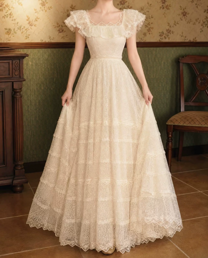 Romantic Square Neck Ivory Prom Dress Lace Ruffles A-Line Evening Dress C9759