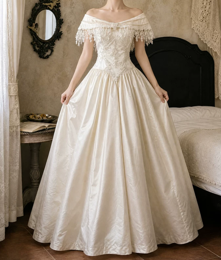Elegant Off-Shoulder Wedding Dresses Satin Appliques A-Line Bridal Dress C9760