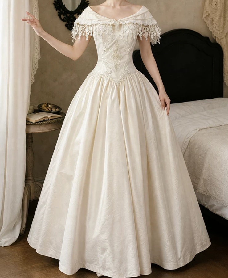 Elegant Off-Shoulder Wedding Dresses Satin Appliques A-Line Bridal Dress C9760