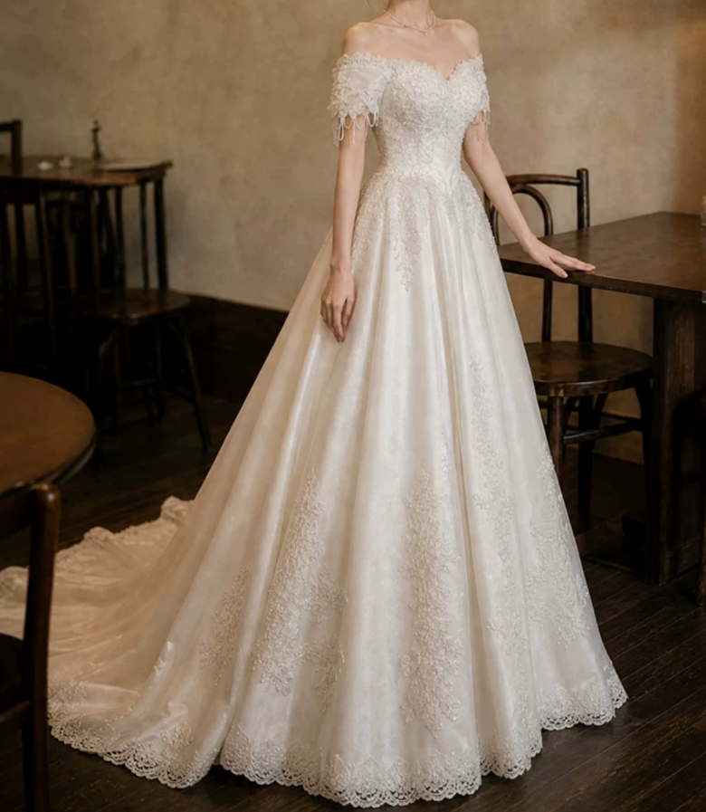 Fascinating Off-Shoulder Satin Wedding Dresses Beading Appliques A-Line Bridal Dress C9761