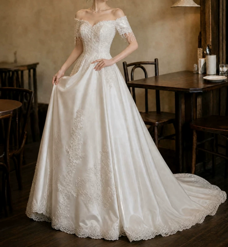 Fascinating Off-Shoulder Satin Wedding Dresses Beading Appliques A-Line Bridal Dress C9761