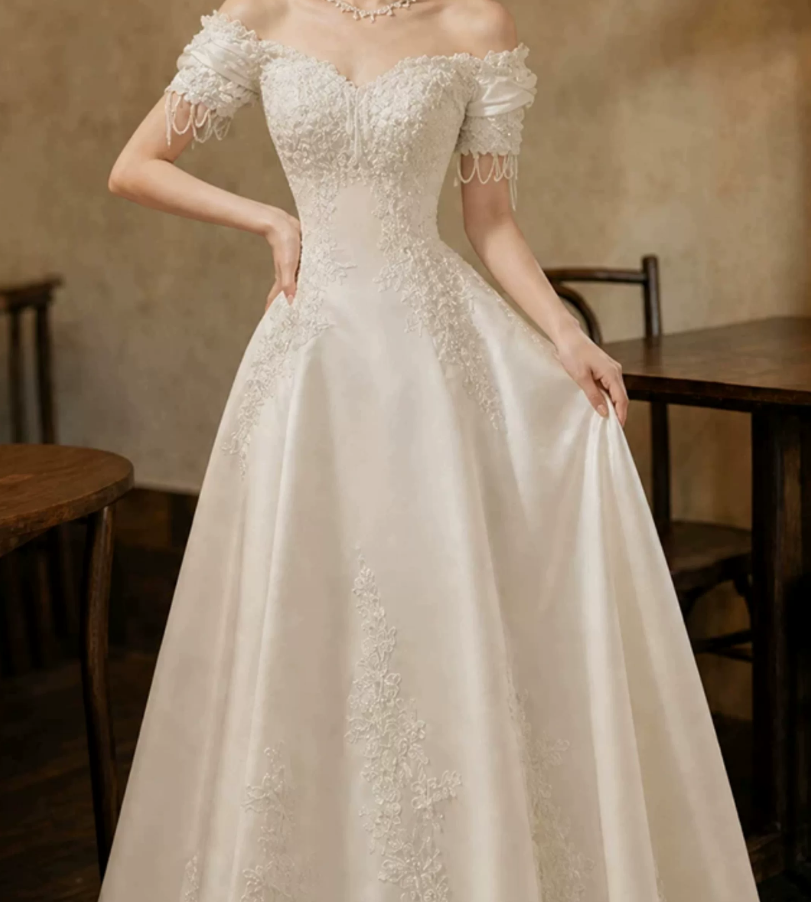 Fascinating Off-Shoulder Satin Wedding Dresses Beading Appliques A-Line Bridal Dress C9761