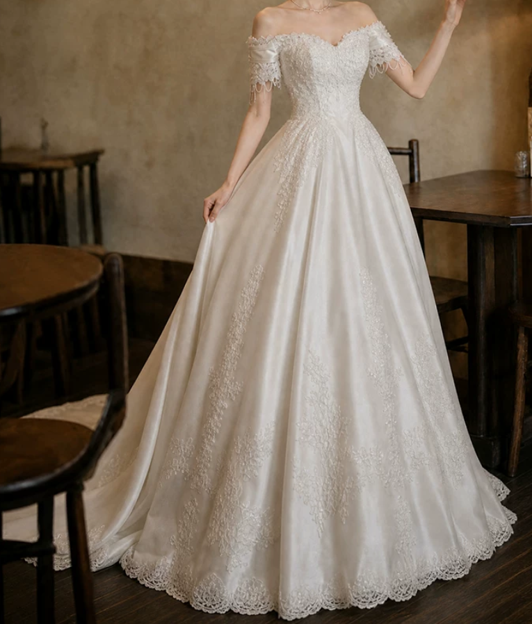 Fascinating Off-Shoulder Satin Wedding Dresses Beading Appliques A-Line Bridal Dress C9761