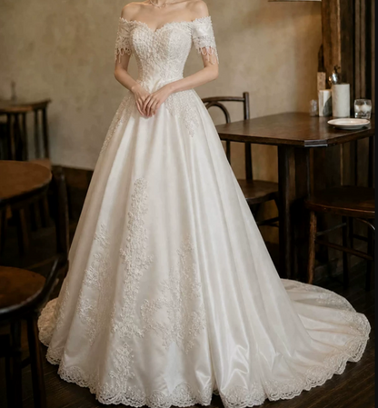 Fascinating Off-Shoulder Satin Wedding Dresses Beading Appliques A-Line Bridal Dress C9761
