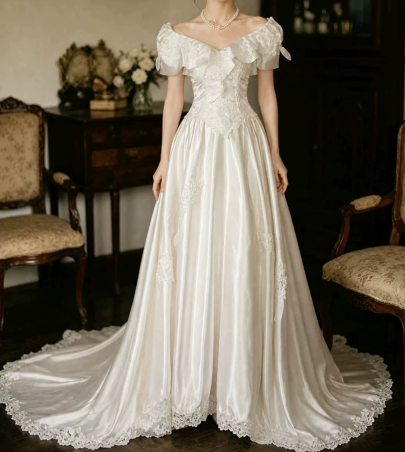 Vintage Off-Shoulder Satin Wedding Dresses Appliques A-Line Bridal Dress C9762