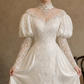 Luxurious Illusion Neck Satin Wedding Dresses Long Sleeve Appliques Lace A-Line Bridal Dress C9764
