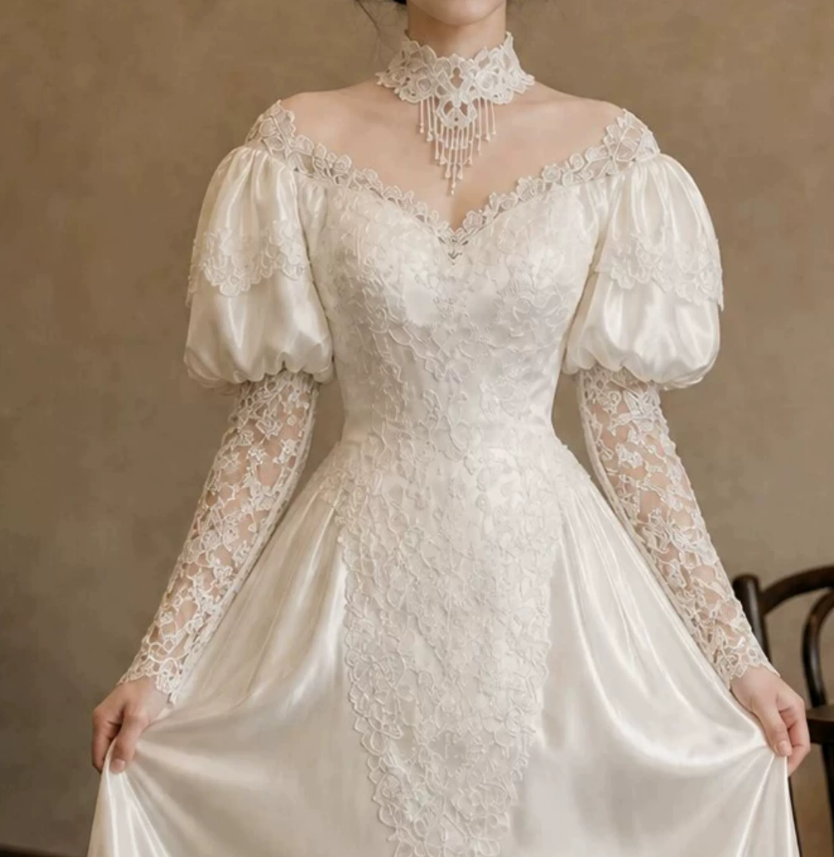 Luxurious Illusion Neck Satin Wedding Dresses Long Sleeve Appliques Lace A-Line Bridal Dress C9764