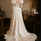 Luxurious Illusion Neck Satin Wedding Dresses Long Sleeve Appliques Lace A-Line Bridal Dress C9764