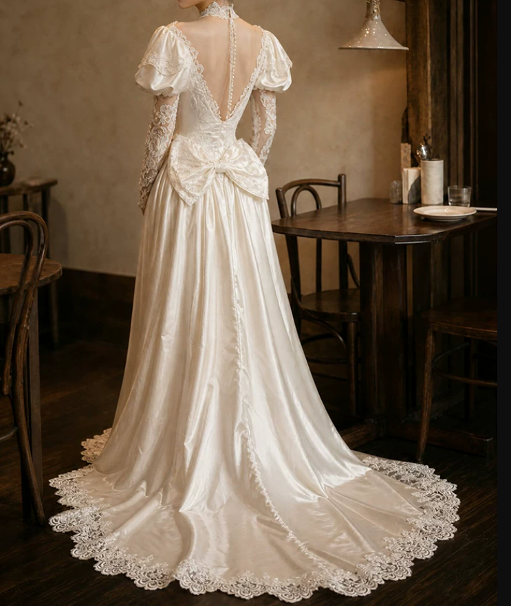 Luxurious Illusion Neck Satin Wedding Dresses Long Sleeve Appliques Lace A-Line Bridal Dress C9764